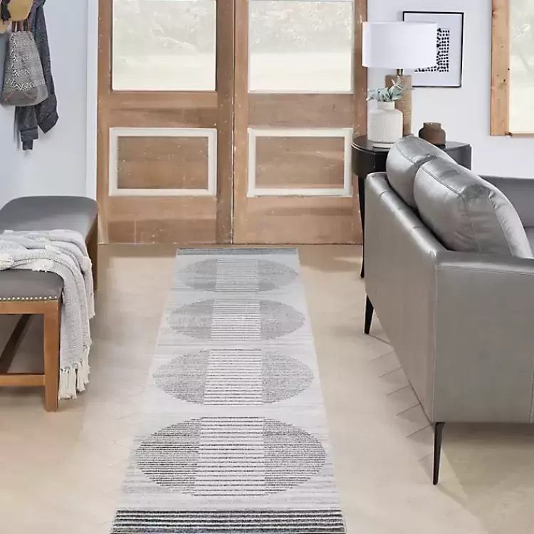 Alfombra decorativa azul y marfil con diseño lineal de lunas - Medidas 2x12 pies | Ofertas exclusivas de temporada en muebles para el hogar Kirklands