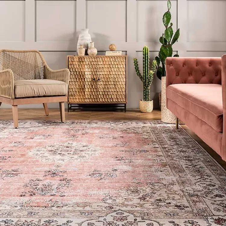 Alfombra Lavable Vintage de Flores en Naranja Quemado, 5x8 Pies - Diseño Retro para Salas y Dormitorios por Kirklands, Textura Suave y Resistente