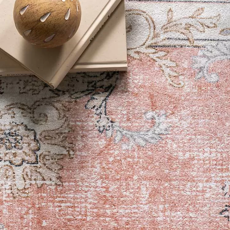 Alfombra Lavable Vintage de Flores en Naranja Quemado, 5x8 Pies - Diseño Retro para Salas y Dormitorios por Kirklands, Textura Suave y Resistente